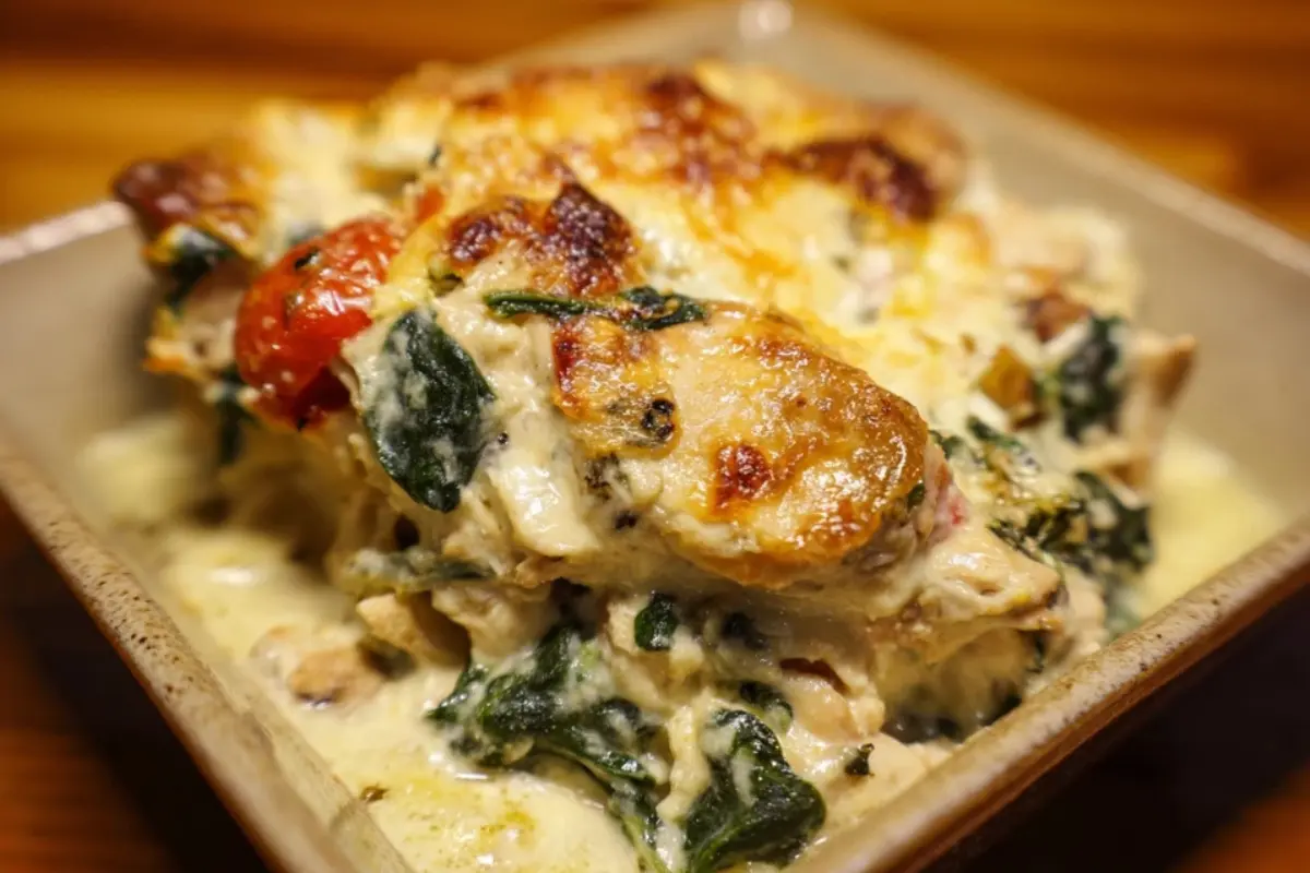 Spinach Chicken Casserole with Cream Cheese & Mozzarella