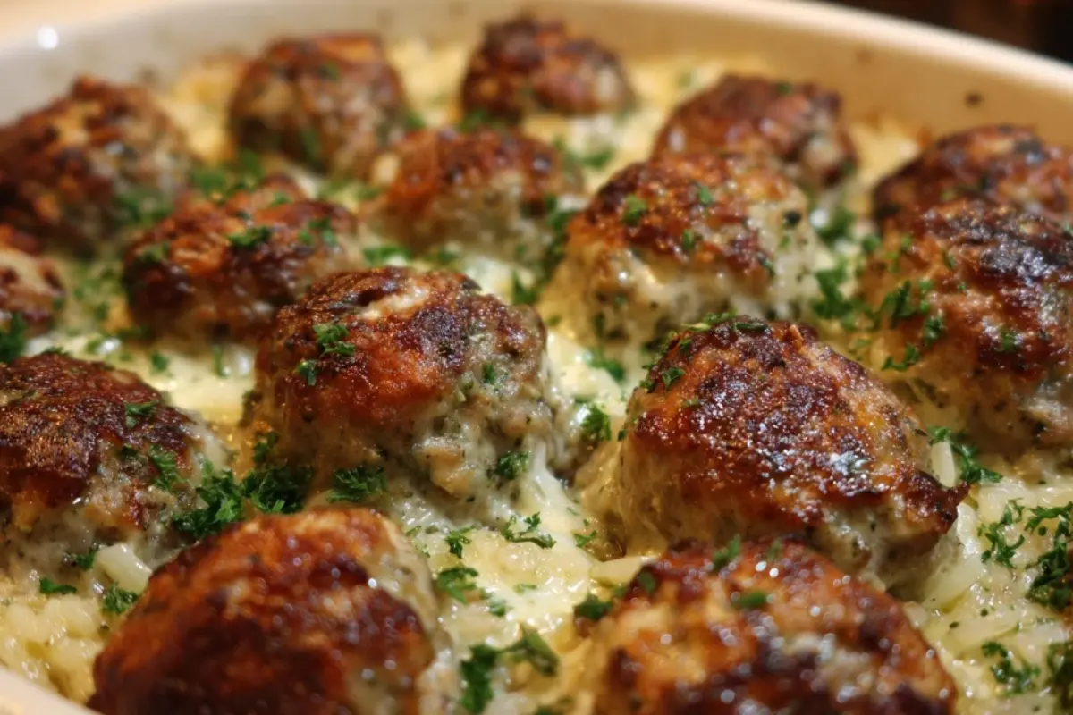 Honey Garlic Meatball Rice Bake