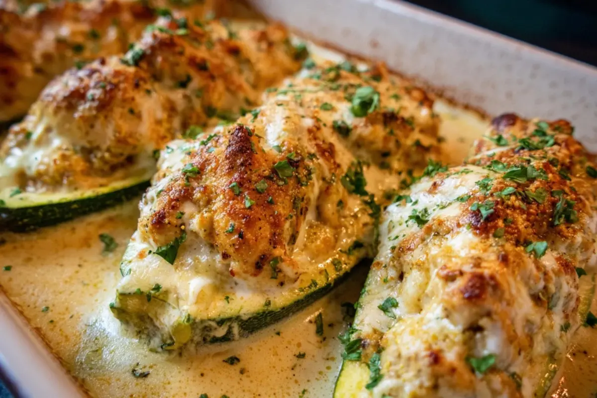 Stuffed Zucchini Boats with Creamy Garlic Chicken