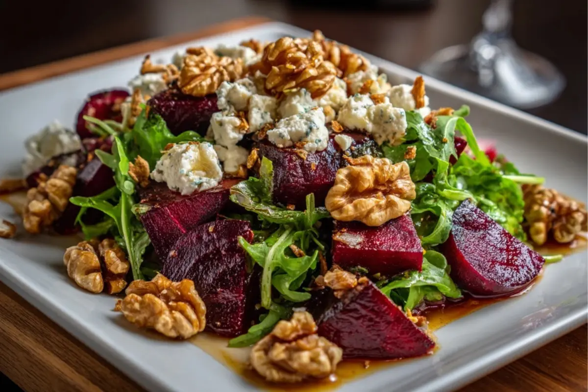Roasted Beet Salad with Goat Cheese, Walnuts & Honey-Dijon Vinaigrette